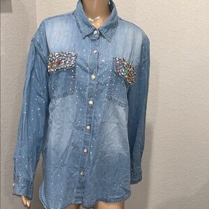 Nwt Spoon Jeans Embellished Denim Button Down Shirt